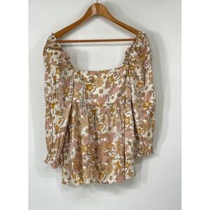 Storia Womens Top L Babydoll Pink Floral Metallic Long Sleeve Blouse
